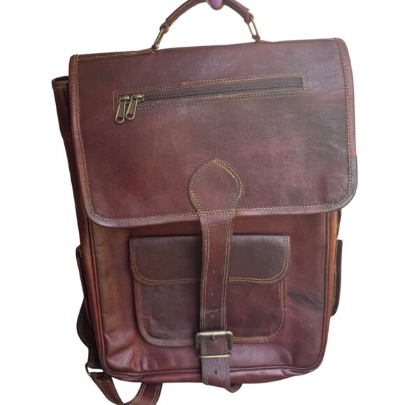 KENAR Leather Backpack Laptop Travel Book Bag Brown Vintage Style - Picture 4 of 9